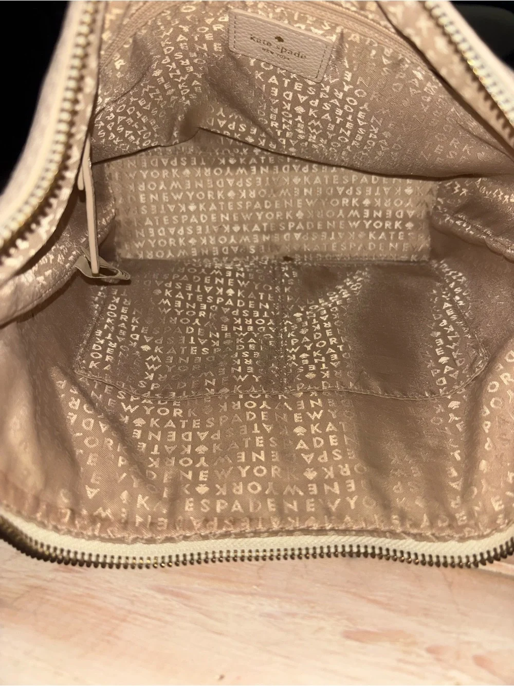 kate spade Cream Leather Shoulder Bag with Black Strap and Gold Spade Accent